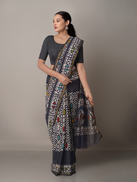 

Unnati Silks Batik Silk Cotton Chanderi Saree, Black
