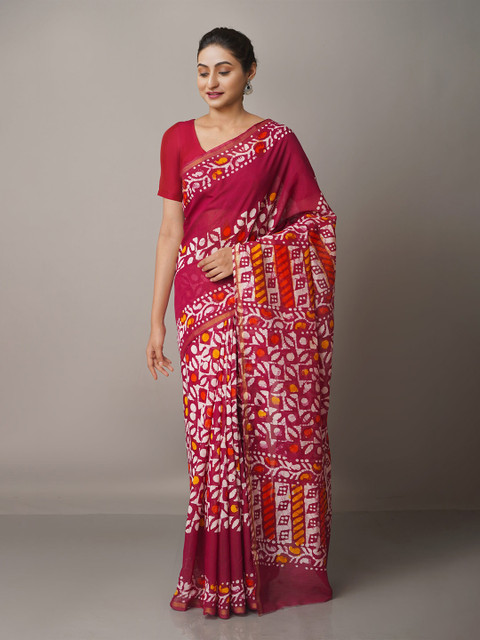 

Unnati Silks Batik Zari Silk Cotton Chanderi Saree, Maroon