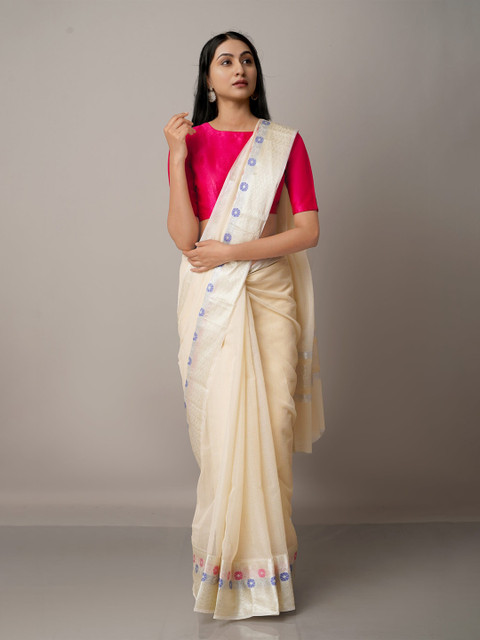 

Unnati Silks Ethnic Motifs Zari Silk Blend Kota Saree, Cream