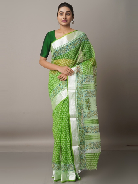 

Unnati Silks Ethnic Motifs Zari Pure Cotton Block Print Handloom Kota Saree, Green