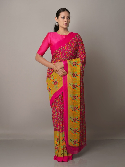 

Unnati Silks Floral Block Print Saree, Pink