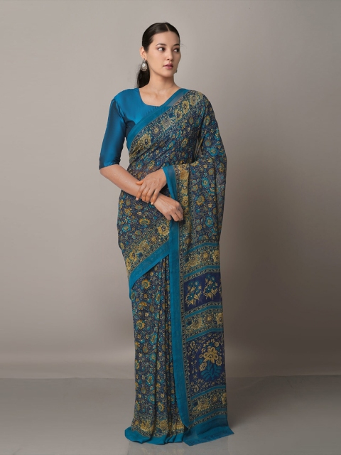 

Unnati Silks Floral Block Print Saree, Navy blue