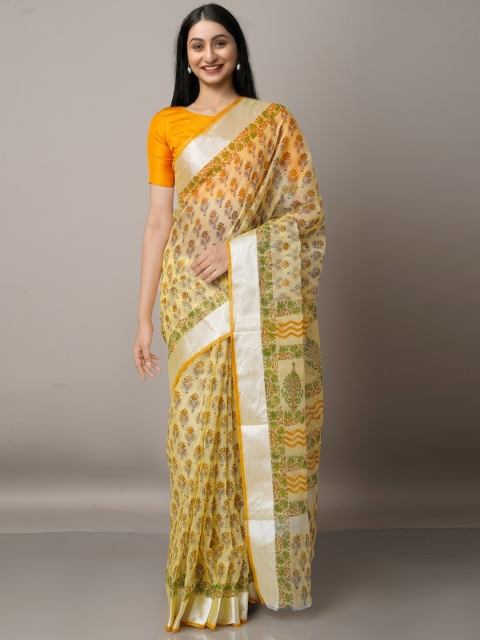 

Unnati Silks Floral Zari Pure Cotton Block Print Handloom Kota Saree, Yellow