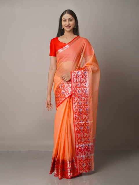 

Unnati Silks Orange & Silver-Toned Woven Design Zari Silk Blend Kota Saree