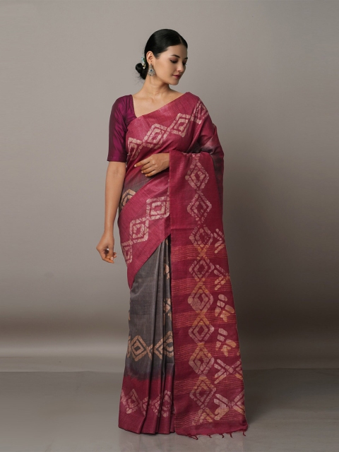 

Unnati Silks Grey & Beige Batik Silk Cotton Bhagalpuri Saree