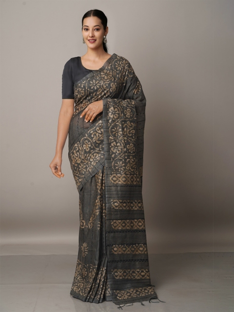 

Unnati Silks Batik Silk Cotton Bhagalpuri Saree, Grey
