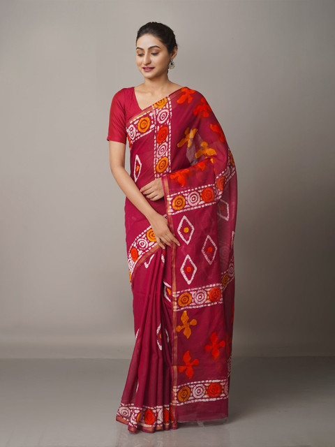 

Unnati Silks Batik Zari Silk Cotton Chanderi Saree, Purple