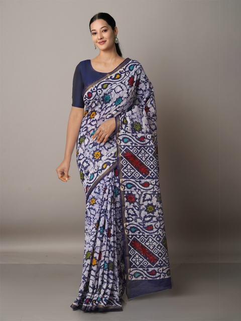 

Unnati Silks Batik Zari Silk Cotton Chanderi Saree, Navy blue