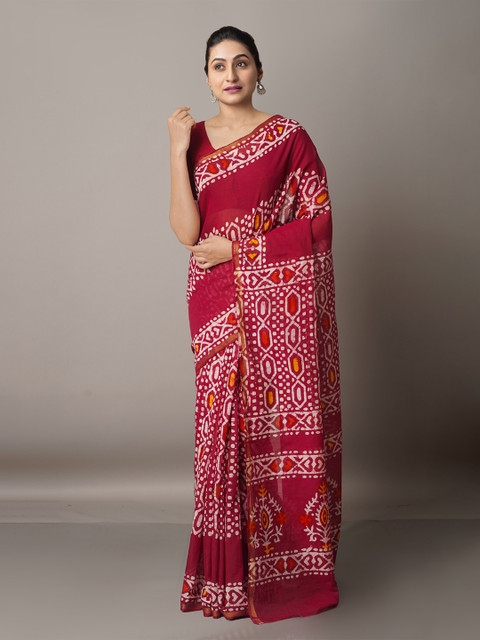 

Unnati Silks Purple & White Batik Zari Silk Cotton Chanderi Saree
