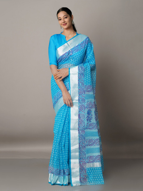 

Unnati Silks Blue & Silver-Toned Ethnic Motifs Zari Pure Cotton Kota Saree