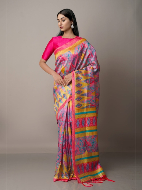 

Unnati Silks Ethnic Motifs Art Silk Block Print Saree, Pink