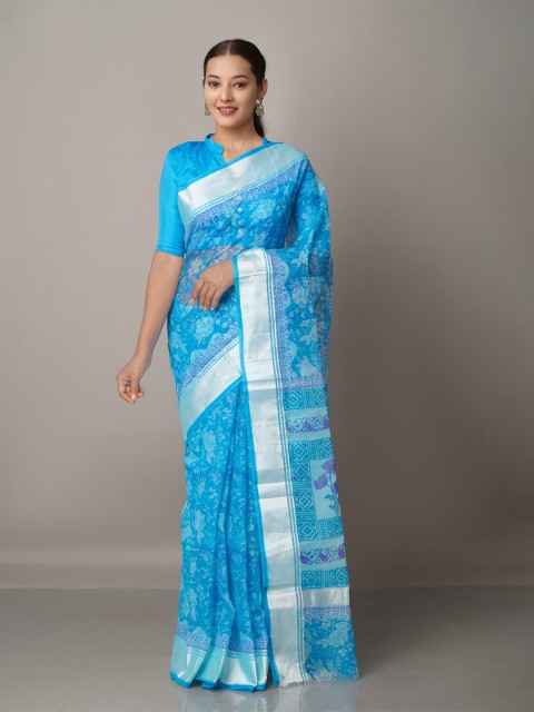 

Unnati Silks Ethnic Motifs Zari Pure Cotton Kota Saree, Blue
