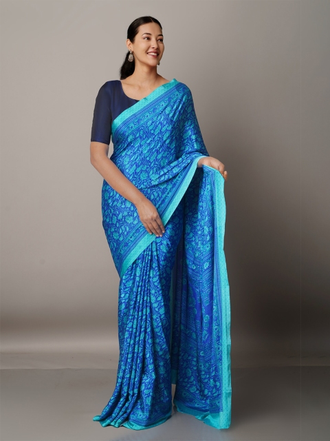 

Unnati Silks Ethnic Motifs Silk Blend Block Print Saree, Blue