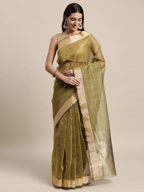 

TORONFRAS Checked Zari Organza Banarasi Saree, Olive