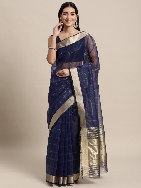 

TORONFRAS Checked Zari Organza Banarasi Saree, Blue