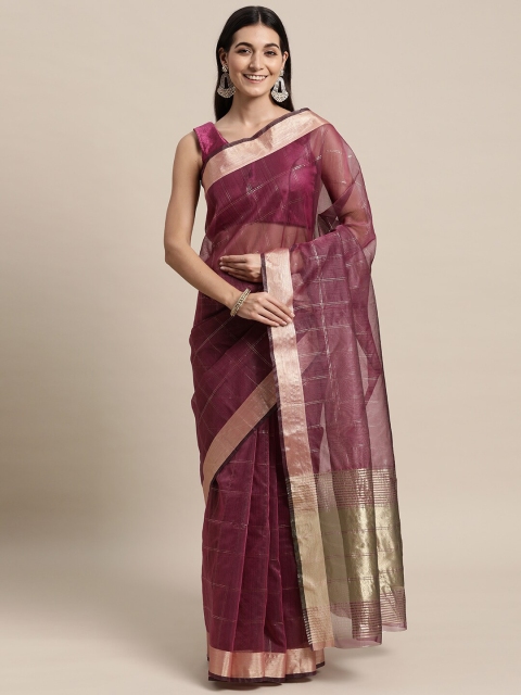 

TORONFRAS Checked Zari Organza Banarasi Saree, Purple