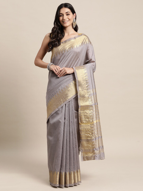 

TORONFRAS Grey & Gold-Toned Woven Design Zari Silk Cotton Banarasi Saree