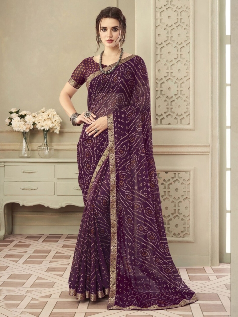 

Satrani Poly Chiffon Bandhani Zari Saree, Purple