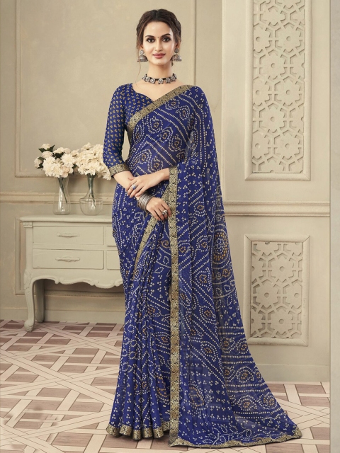 

Satrani Poly Chiffon Bandhani Zari Saree, Navy blue