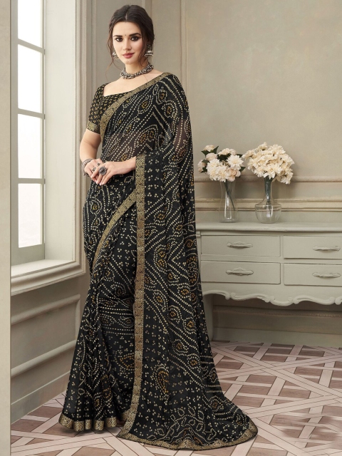 

Satrani Poly Chiffon Bandhani Zari Saree, Black