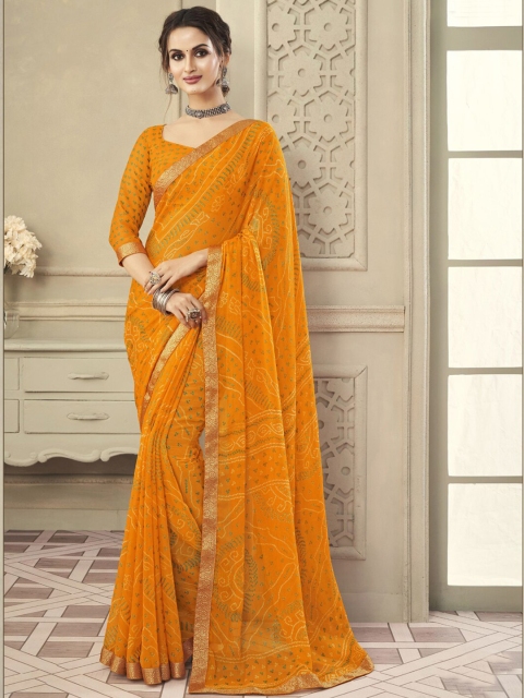 

Satrani Poly Chiffon Bandhani Zari Saree, Yellow