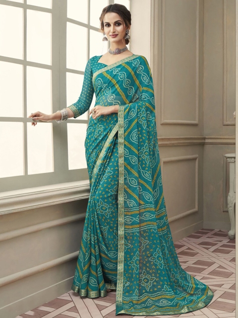 

Satrani Poly Chiffon Bandhani Zari Saree, Green