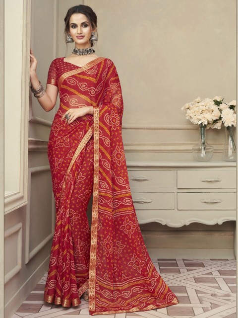 

Satrani Red & Gold-Toned Bandhani Zari Bandhani Saree
