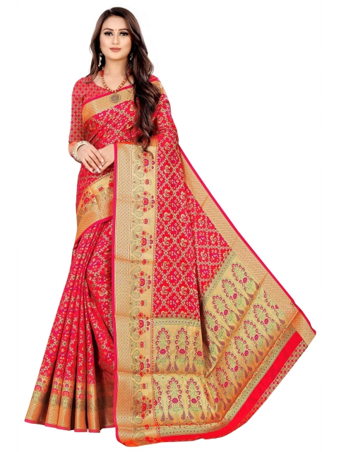 

Rivana Red & Gold-Toned Woven Design Zari Patola Saree