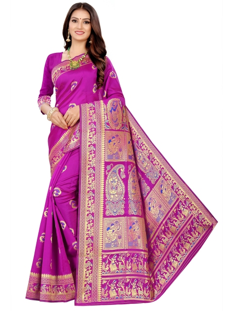 

Rivana Pink & Gold-Toned Woven Design Zari Silk Blend Baluchari Saree