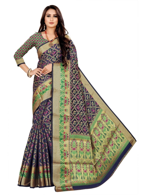 

Rivana Navy Blue & Gold-Toned Woven Design Zari Patola Saree