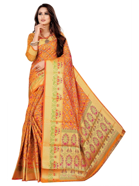 

Rivana Orange & Gold-Toned Woven Design Zari Patola Saree