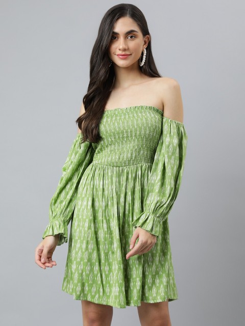

DEEBACO Women Ikat Printed Off-Shoulder Dress, Green