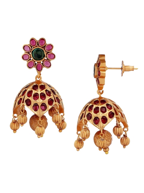 

Mallepula Gold-Plated CZ & Ruby Studded Floral Jhumkas Earrings