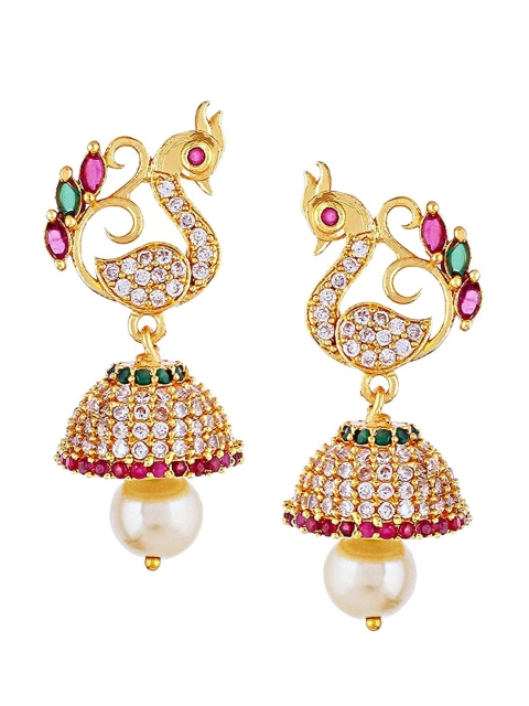 

Mallepula Gold-Plated CZ Studded Shaped Jhumkas Earrings