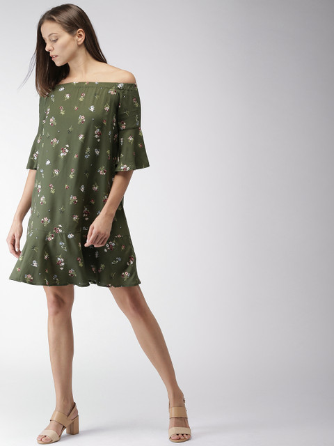 

Mast & Harbour Women Olive Green Printed Bardot Dress