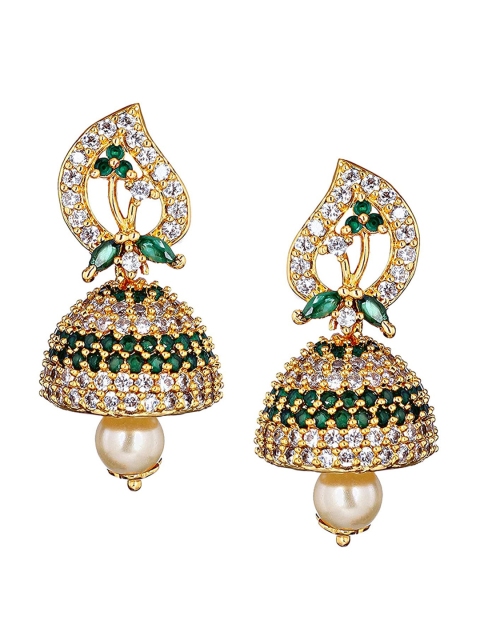 

Mallepula Gold-Plated CZ Studded Paisley Shaped Jhumkas Earrings
