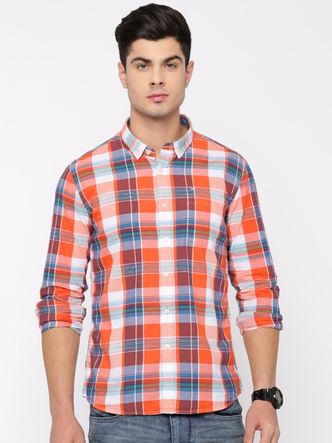 

Flying Machine Men Orange & White Regular Fit Checked Casual Shirt