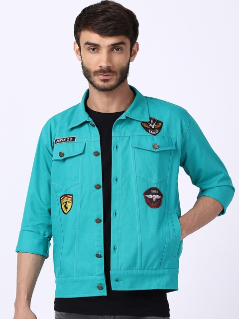 

VOXATI Men Washed Denim Jacket with Patchwork, Turquoise blue