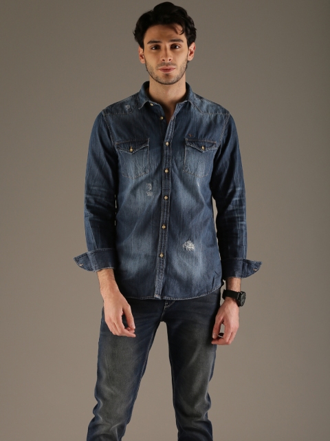 

Flying Machine Men Blue Slim Fit Solid Denim Shirt