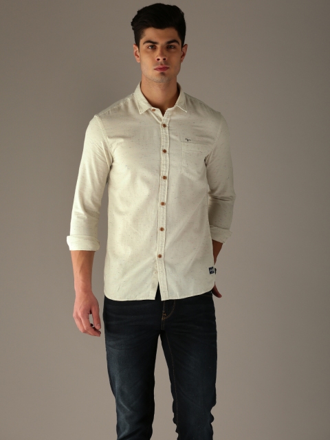

Flying Machine Men Off-White Regular Fit Self Design Casual Shirt