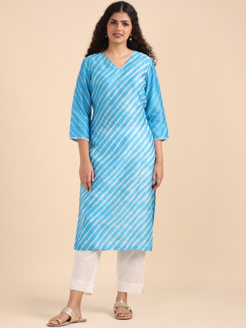 

Taneira Women Silk Cotton Leheriya Striped Kurta, Blue