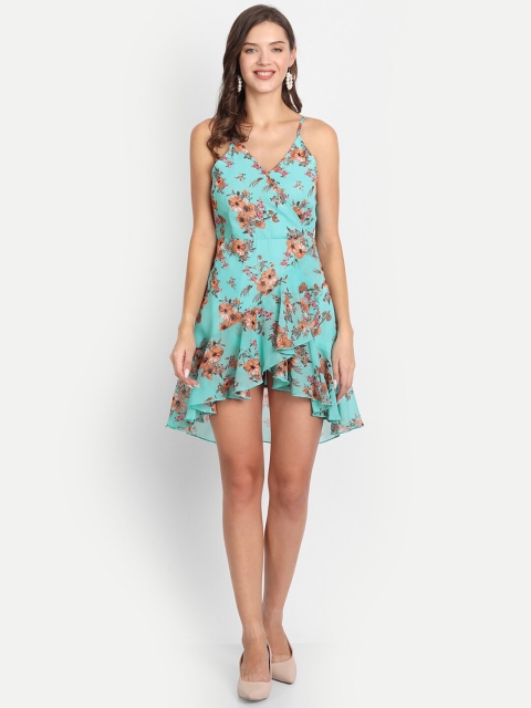 

D 'VESH Women Floral Printed Ruffles Wrap Dress, Blue