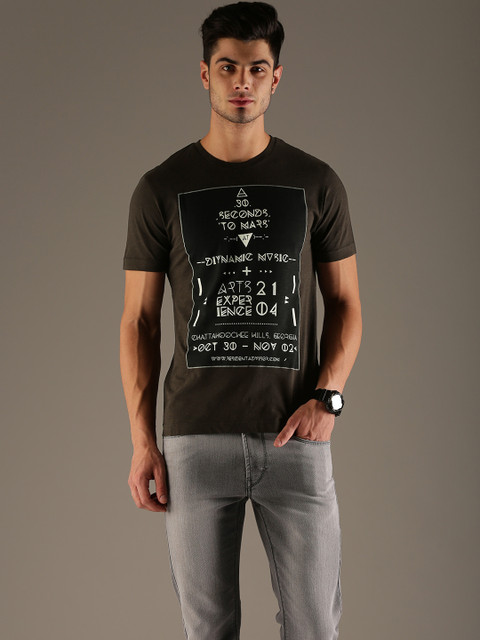 

Flying Machine Men Coffee Brown Printed Round Neck T-Shirt