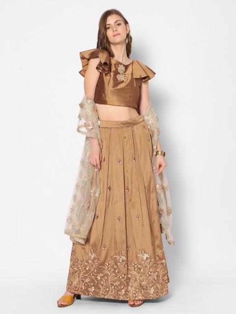 

Kiya Women Brown & Gold-Toned Thread Work Lehenga & Blouse With Dupatta