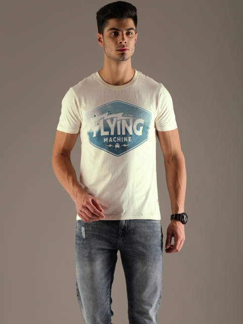 

Flying Machine Men Cream-Coloured Printed Round Neck T-shirt