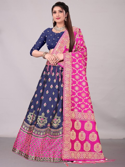 

Ekta Textiles Navy Blue & Pink Semi-Stitched Lehenga Choli