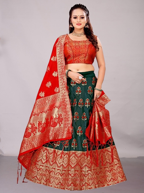 

Ekta Textiles Green & Red Semi-Stitched Lehenga & Unstitched Blouse With Dupatta