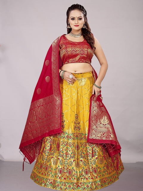 

Ekta Textiles Yellow & Red Semi-Stitched Lehenga & Unstitched Blouse With Dupatta