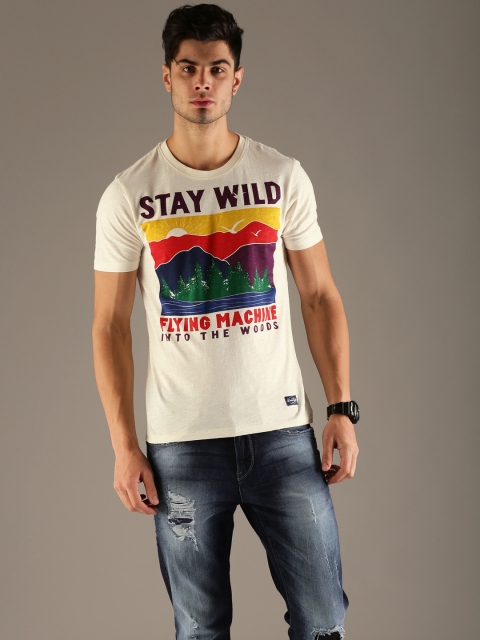 

Flying Machine Men Off-White Printed Round Neck Pure Cotton T-shirt