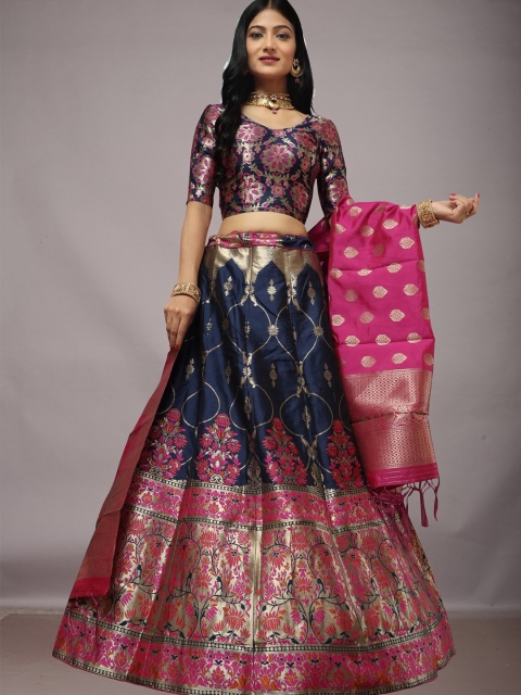 

Ekta Textiles Navy Blue & Pink Semi-Stitched Lehenga & Unstitched Blouse With Dupatta